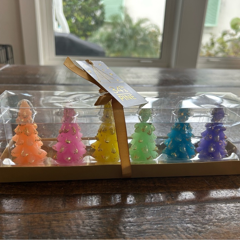 “New” 34th & Pine set of six colored tree mini candles